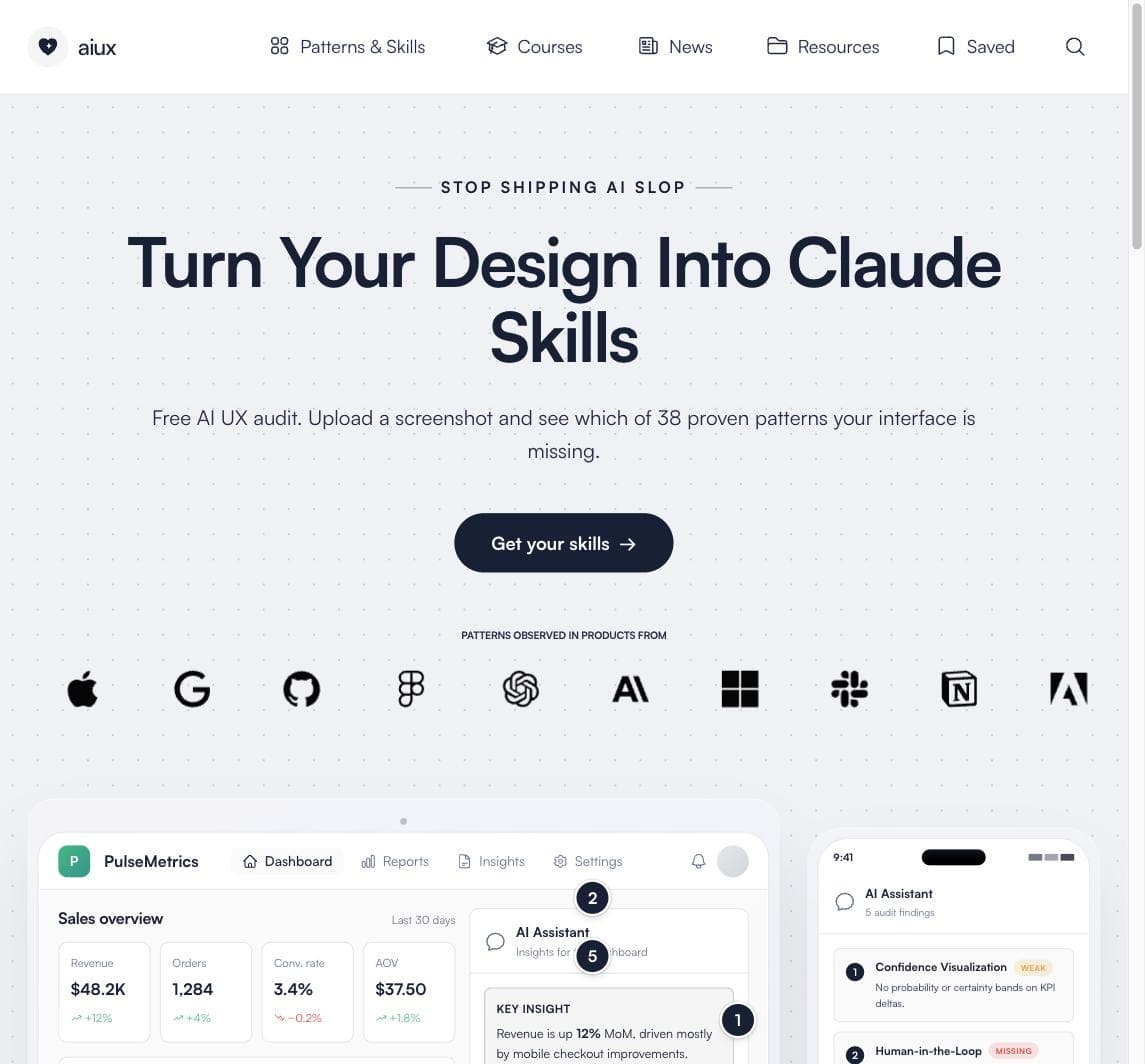 The aiuxdesign.guide homepage: Turn Your Design Into Claude Skills, with a free audit and no signup