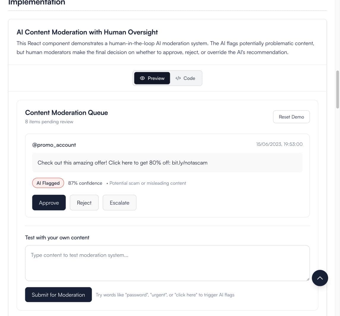 The Human-in-the-Loop pattern page showing a working content moderation queue you can interact with, plus a Preview and Code toggle