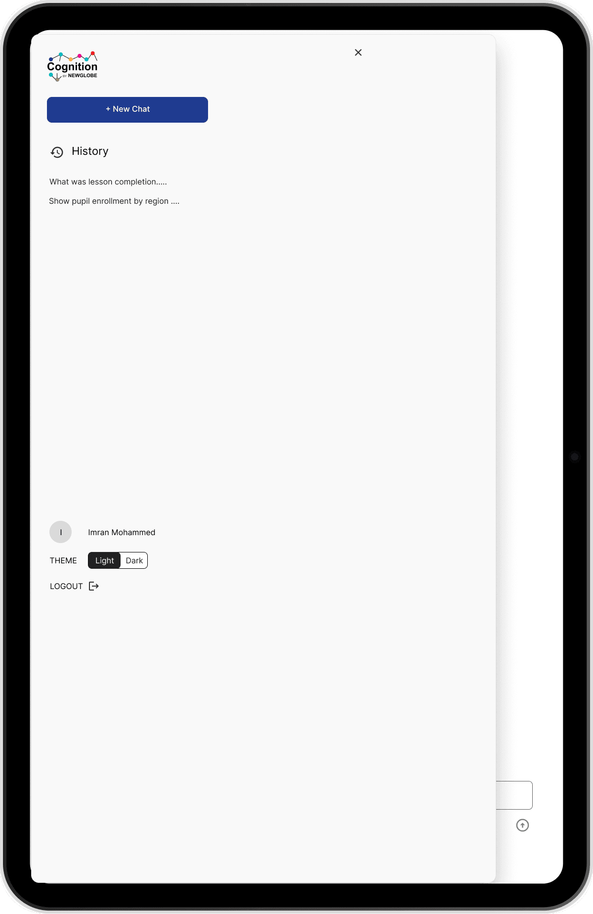 The sidebar opened as a full-height drawer with new chat, history, theme and logout