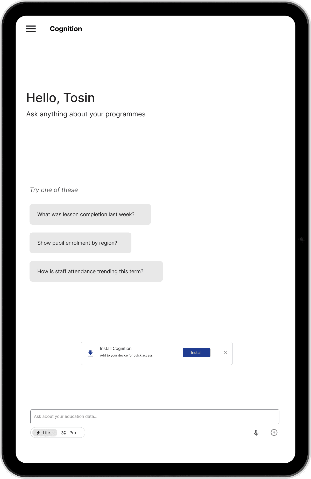 Cognition on a tablet in portrait, with an Install Cognition prompt above the composer